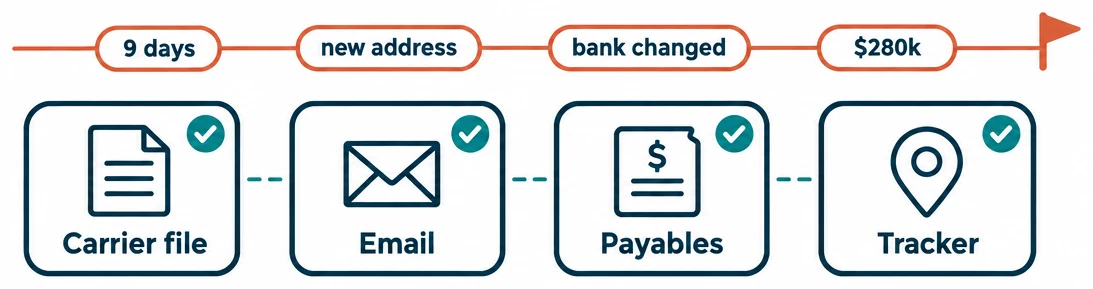 Four systems, Carrier file, Email, Payables and Tracker, each showing a normal tick, and above them one timeline reading 9 days, new address, bank changed, $280k, ending in a flag