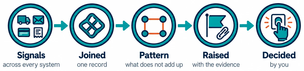 Five steps: Signals (across every system), Joined (one record), Pattern (what does not add up), Raised (with the evidence), Decided (by you)