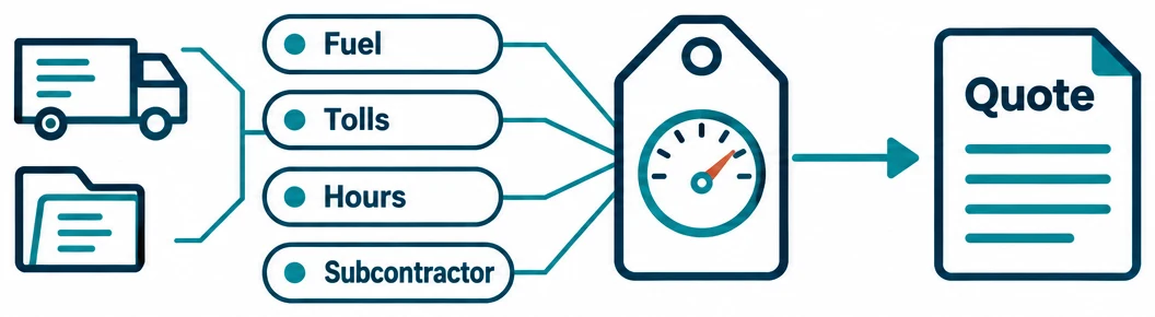 A truck and a project folder feeding Fuel, Tolls, Hours and Subcontractor costs into a price tag with a gauge, which produces the quote