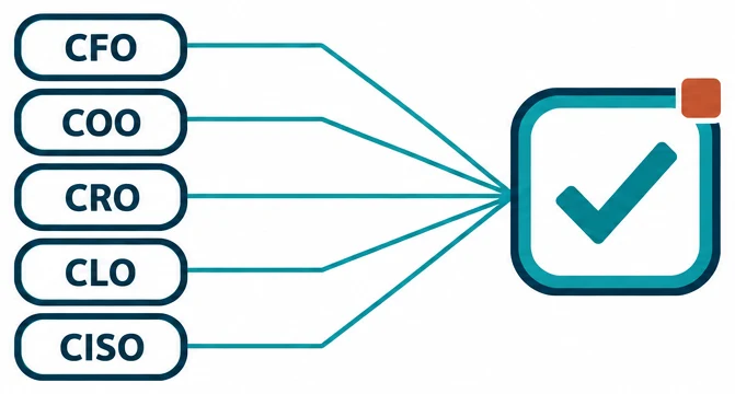 Five seats, CFO, COO, CRO, CLO and CISO, converging on one checked decision