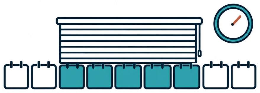 A window blind half drawn over a row of calendar days, with a clock beside it