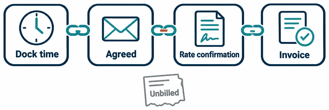 Four linked cards, Dock time, Agreed, Rate confirmation and Invoice, joined by one chain; below them an unlinked, greyed slip reading Unbilled