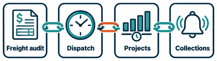 Four separate screens, Freight audit, Dispatch, Projects and Collections, with visible gaps between them and one chain running across all four