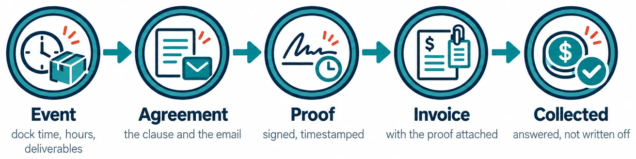 Five steps: Event (dock time, hours, deliverables), Agreement (the clause and the email), Proof (signed, timestamped), Invoice (with the proof attached), Collected (answered, not written off)