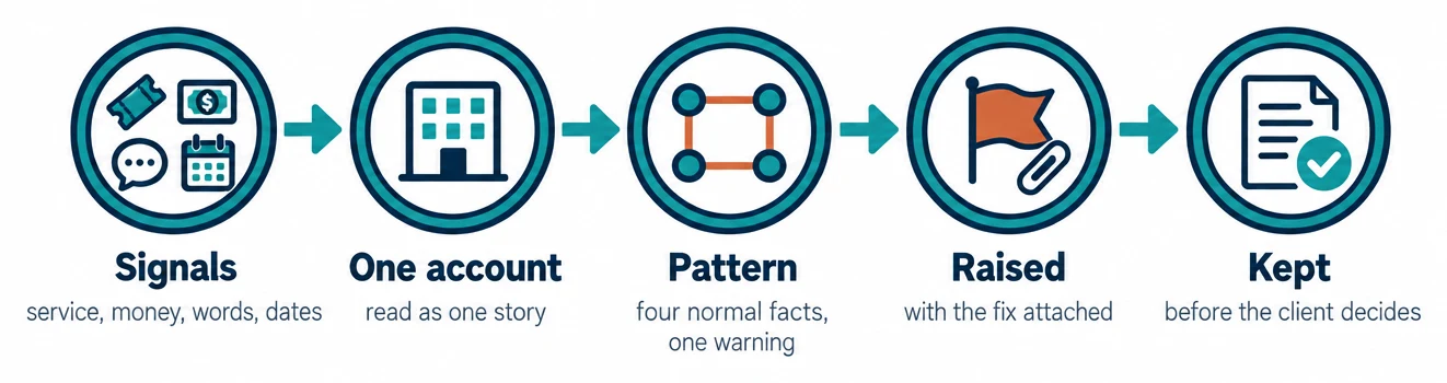 Five steps: Signals (service, money, words, dates), One account (read as one story), Pattern (four normal facts, one warning), Raised (with the fix attached), Kept (before the client decides)